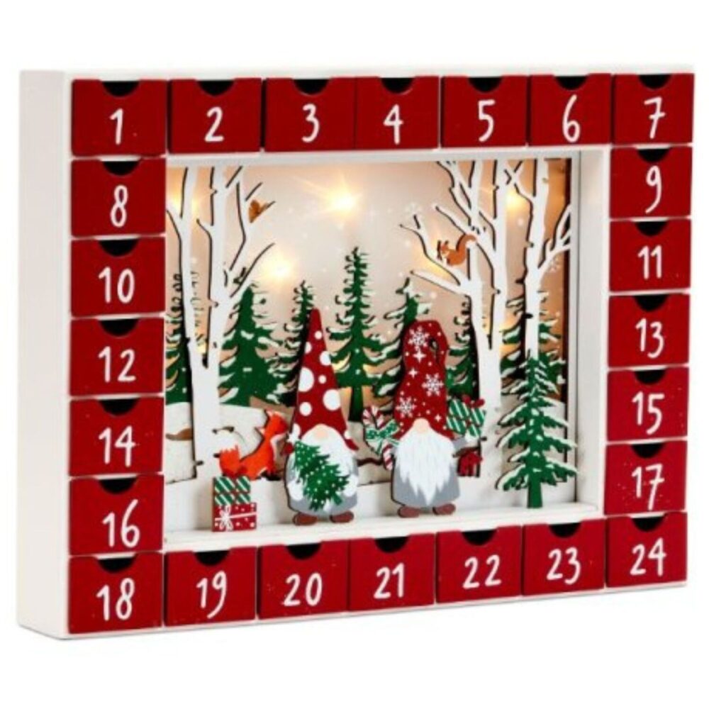 Traditional Wooden Advent Calendar with Gonk Winter Scene - White