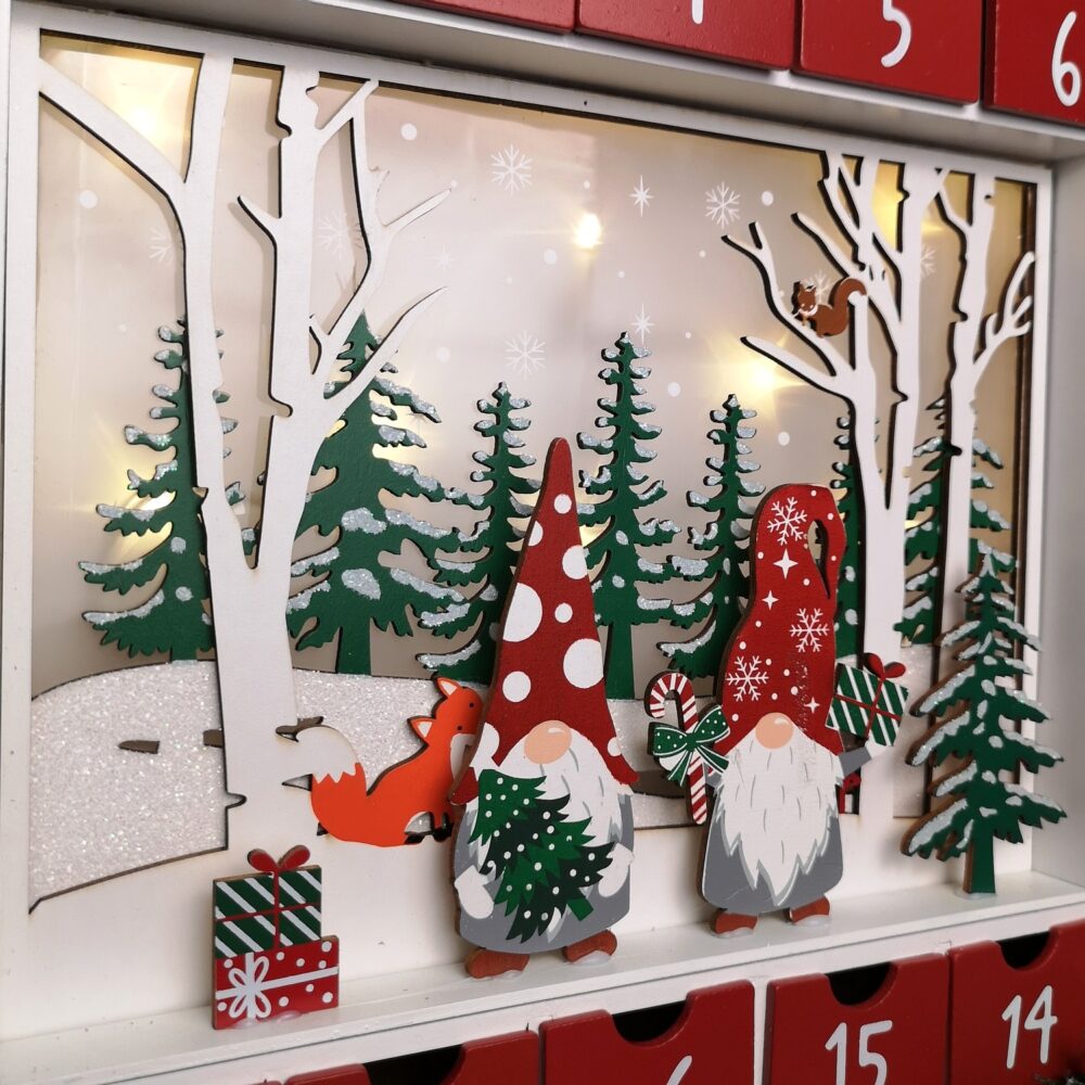 Traditional Wooden Advent Calendar with Gonk Winter Scene - White