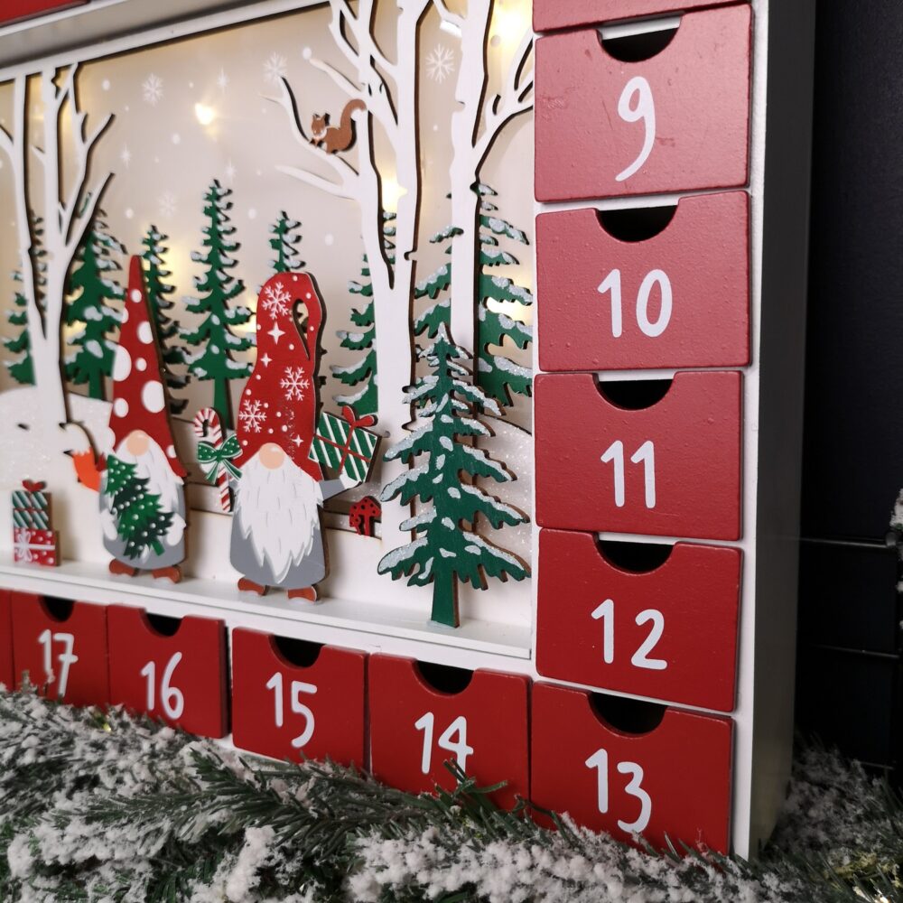 Traditional Wooden Advent Calendar with Gonk Winter Scene - White