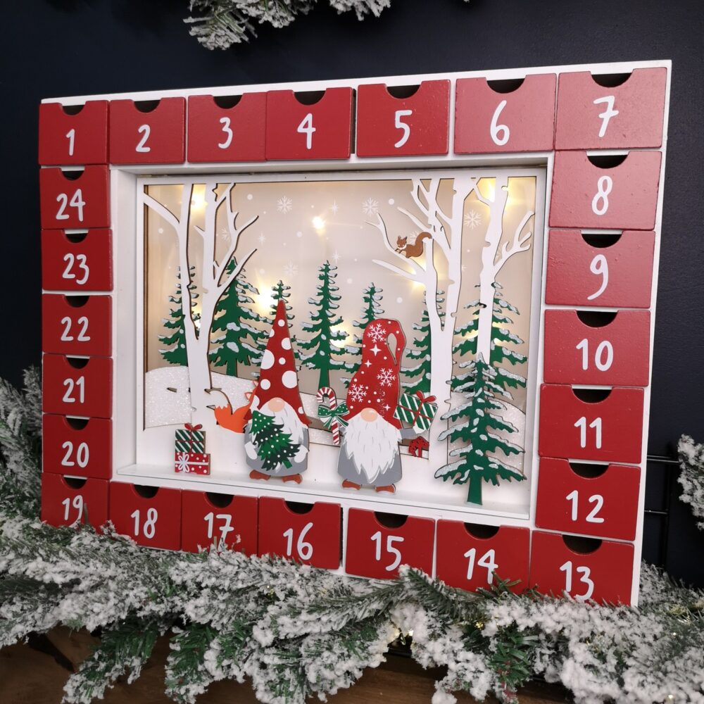 Traditional Wooden Advent Calendar with Gonk Winter Scene - White